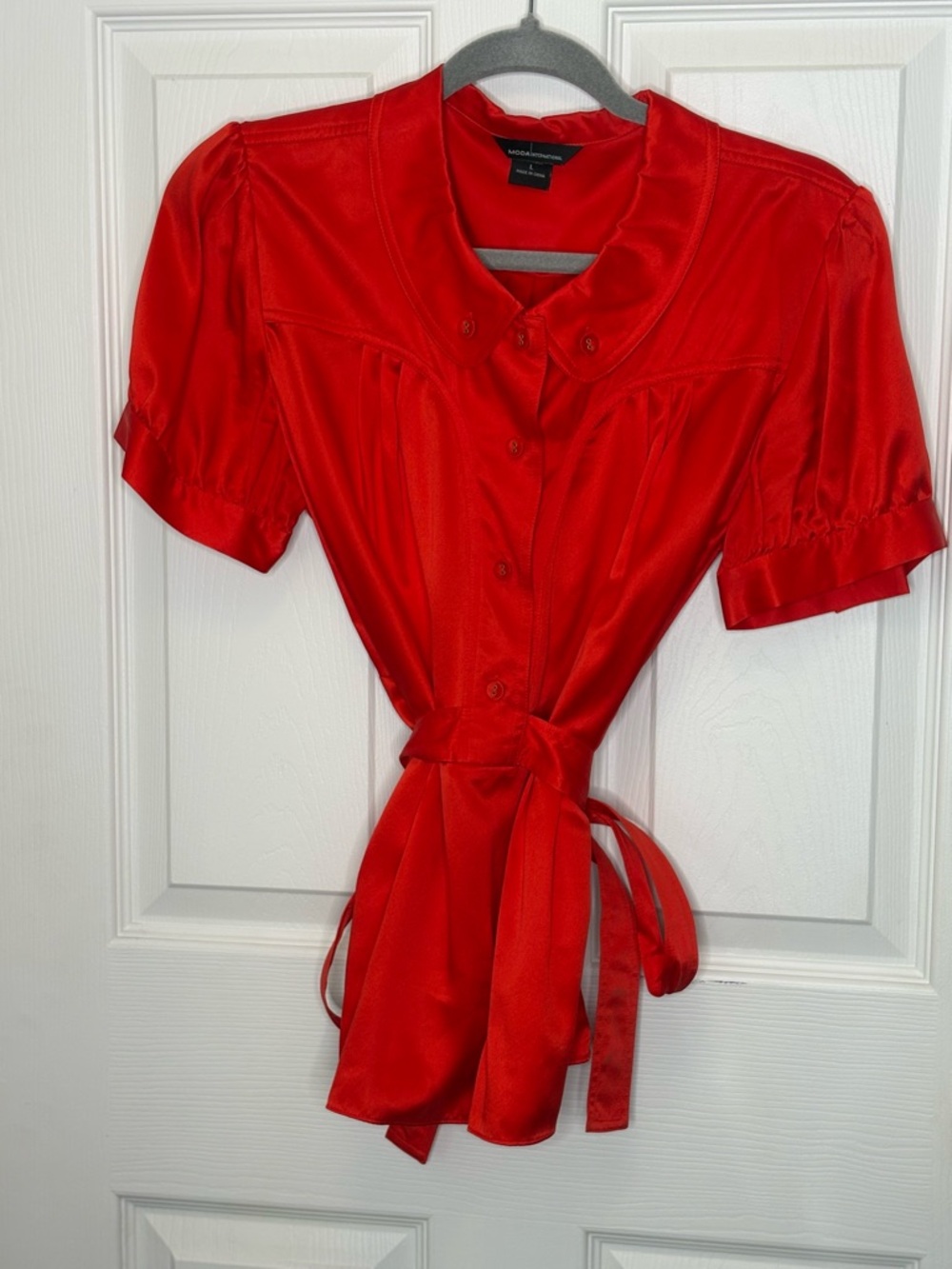 Romantic Parisian Red Silk Blouse Tie Waist Puff Sleeve Top L